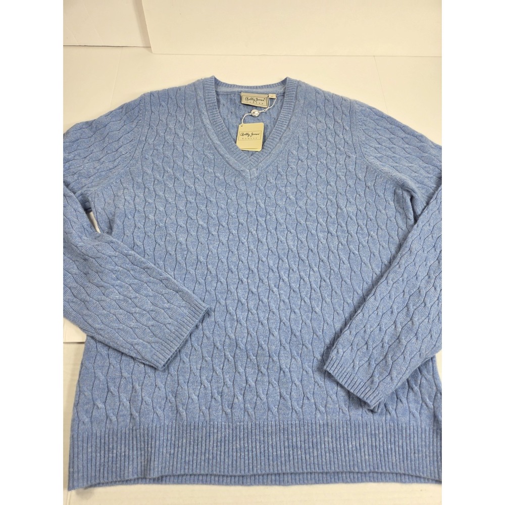 Bobby Jones 100% Cashmere Sweater Women Sz Xl Blue Cable Knit Pullover V neck
